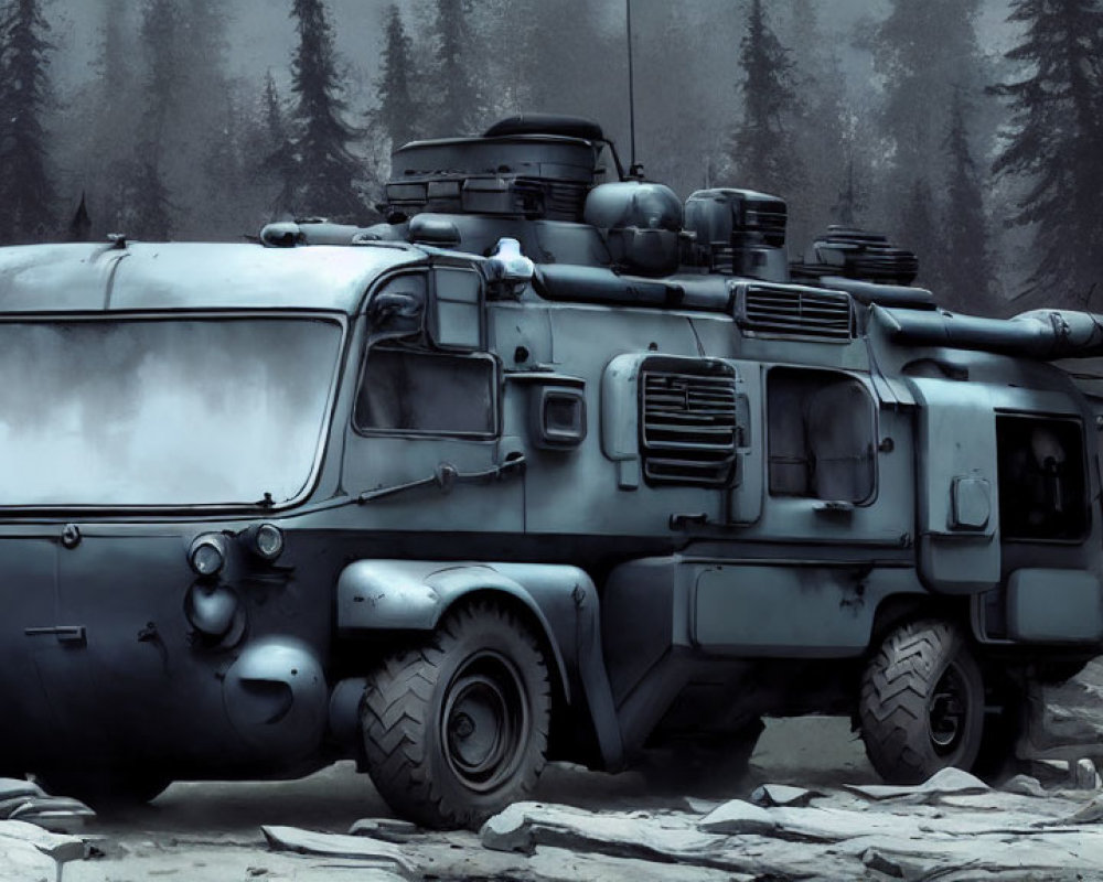 Armored military vehicle with turret and cannon in foggy forest terrain