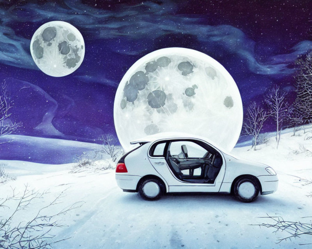 Car with open door on snowy road under starry sky with two moons