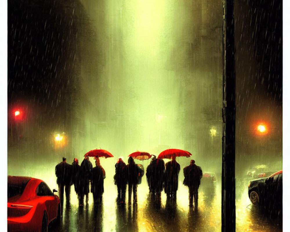 Group of People with Red Umbrellas Walking on Rainy Night Street