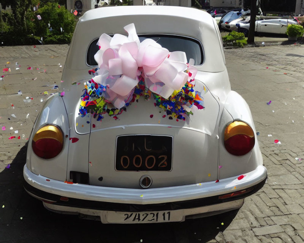 Vintage car adorned with large pink bow and colorful confetti