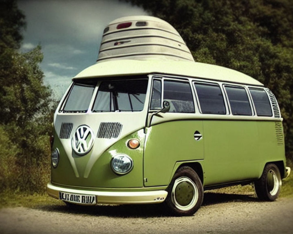 Vintage Green and White Volkswagen Bus in Nostalgic Setting