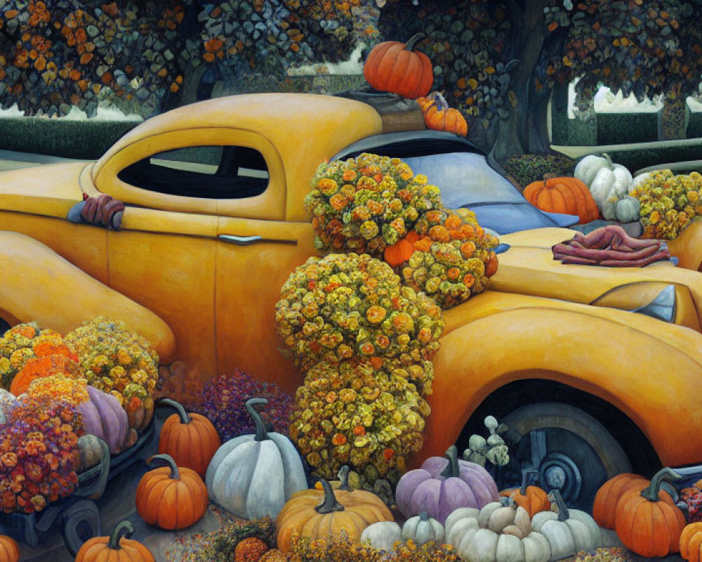 Yellow Car Overflowing with Pumpkins and Flowers in Autumn Scene