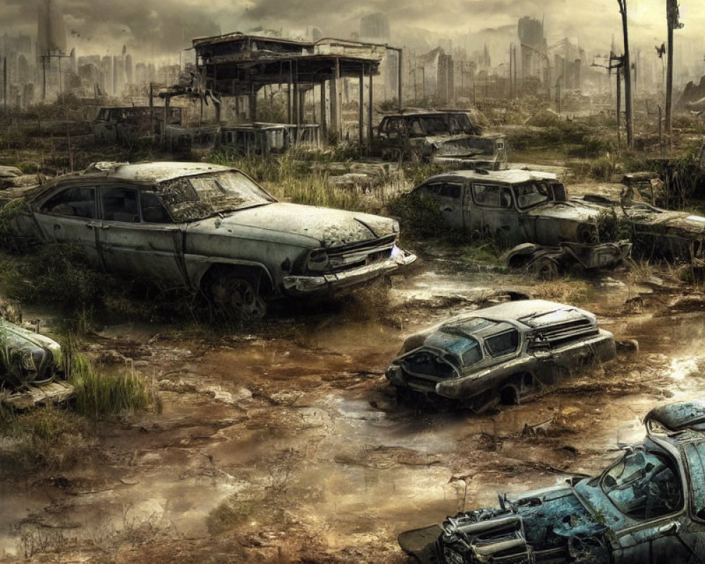 Muddy wasteland with abandoned cars and dilapidated buildings