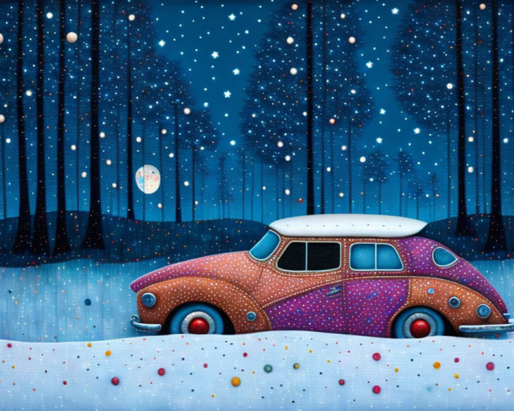 Whimsical vintage car in snowy night scene