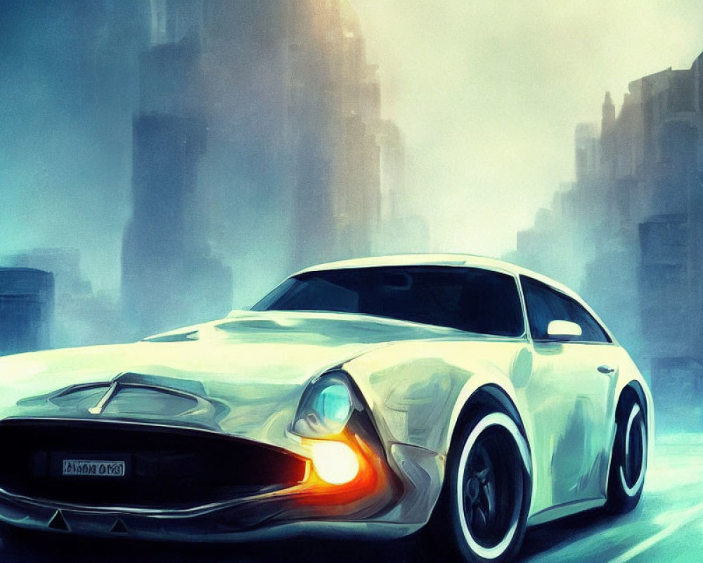 Stylized white classic sports car in misty blue cityscape