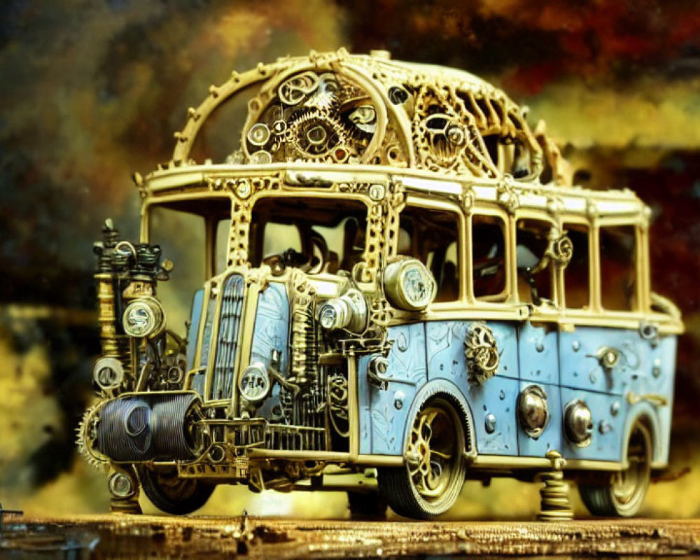 Steampunk-style bus with intricate gears on vintage sepia background
