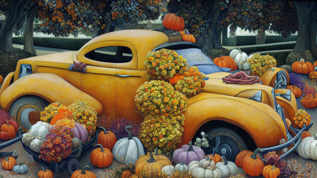 Yellow Car Overflowing with Pumpkins and Flowers in Autumn Scene