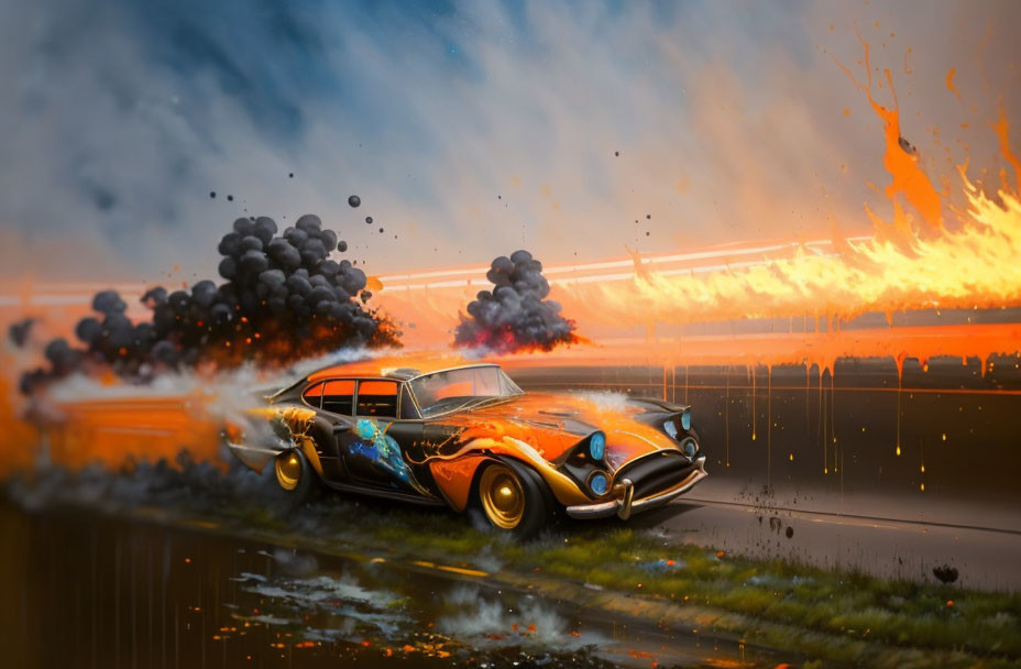 Vintage car racing amidst explosions and smoke in dramatic scene