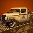 Digitally stylized classic car with checkered pattern on reflective surface against orange backdrop