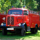 Vintage Fire Trucks and Firefighters in Forest Setting