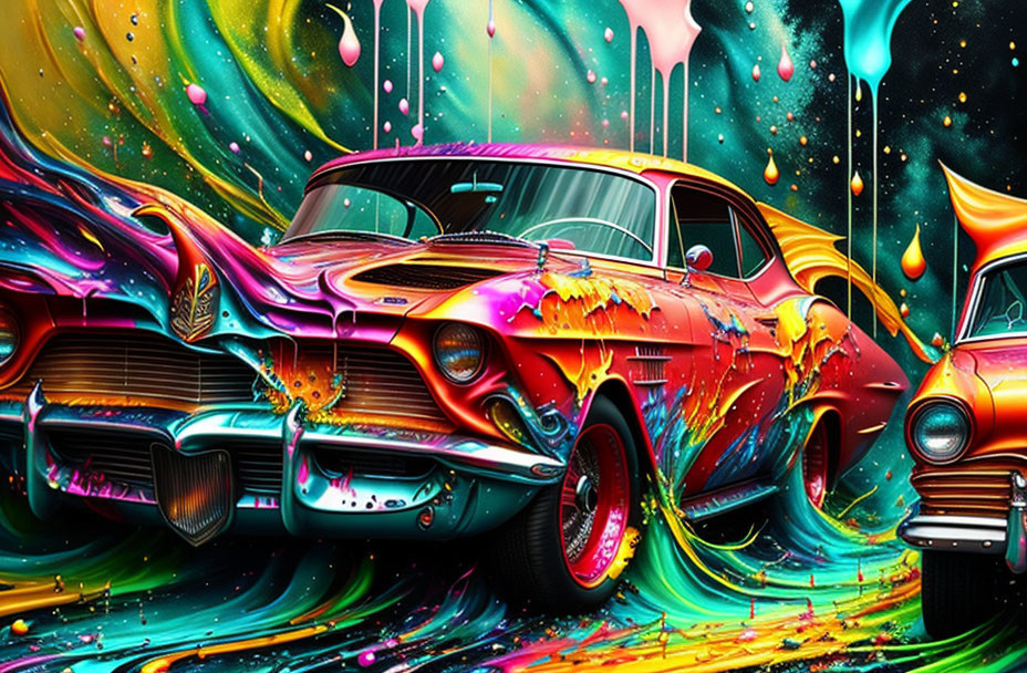 Colorful psychedelic artwork of classic car with swirling, melting colors