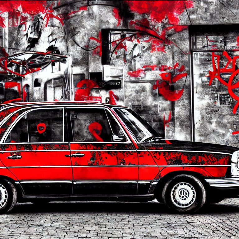Vintage Red and Black Car Parked in Front of Abstract Red and Black Graffiti Wall