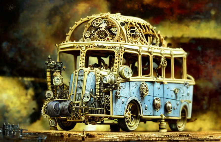 Steampunk-style bus with intricate gears on vintage sepia background