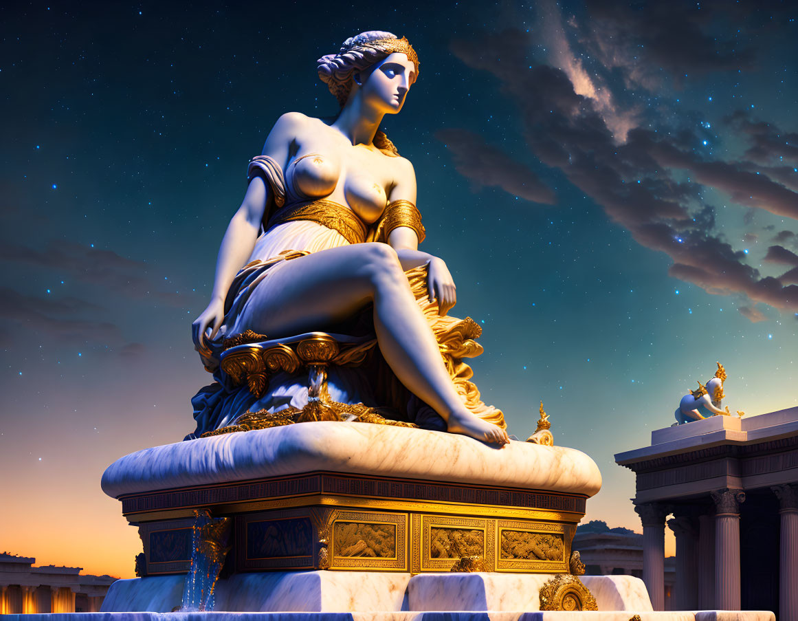 Seated woman statue under starry sky with classical architecture