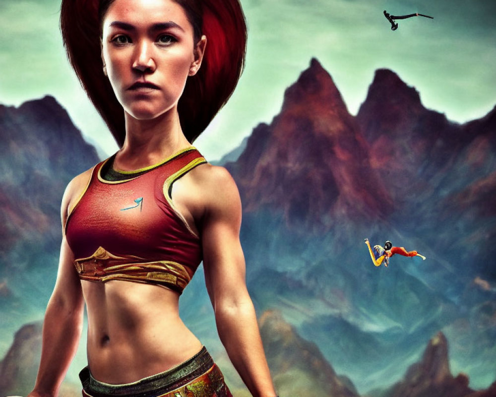 Stylized female warrior with red disc-like hairstyle in dramatic mountain landscape