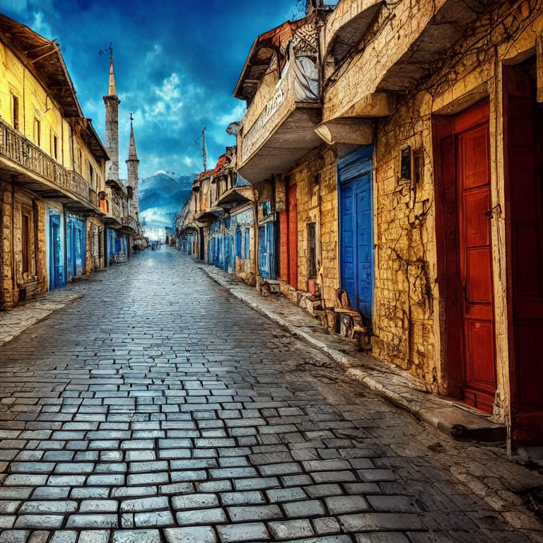 Historic town with colorful doors, traditional buildings, minaret, mountains, dramatic sky