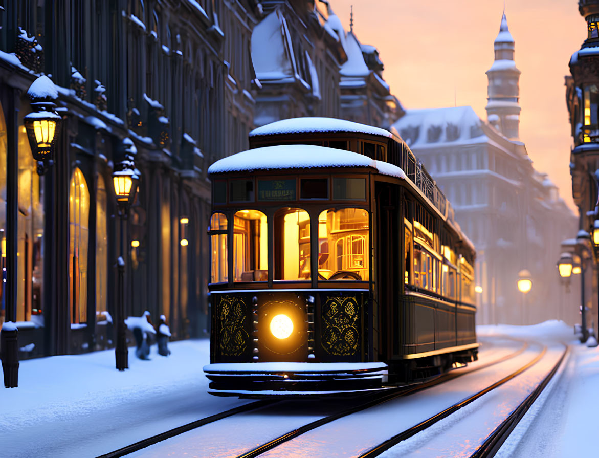 Vintage tram with warm lights in snowy old-town street at dusk