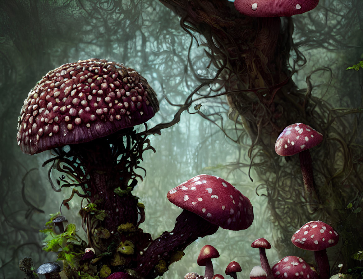 Enchanted forest with giant red-capped mushrooms and misty woods