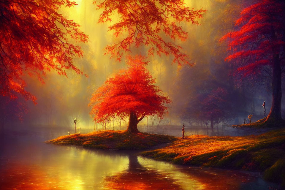 Tranquil autumn landscape with red trees, river reflection, sunlight, and fishing person