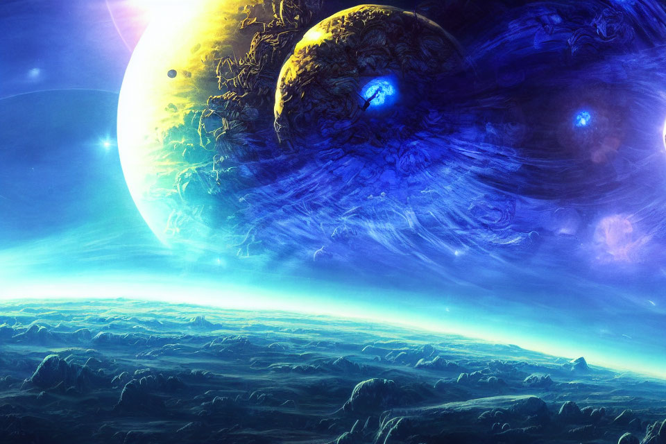 Sci-fi landscape with rocky terrain under blue nebula sky