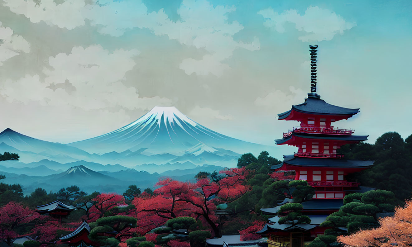 Japanese Pagoda with Cherry Blossoms and Mount Fuji in Blue Sky