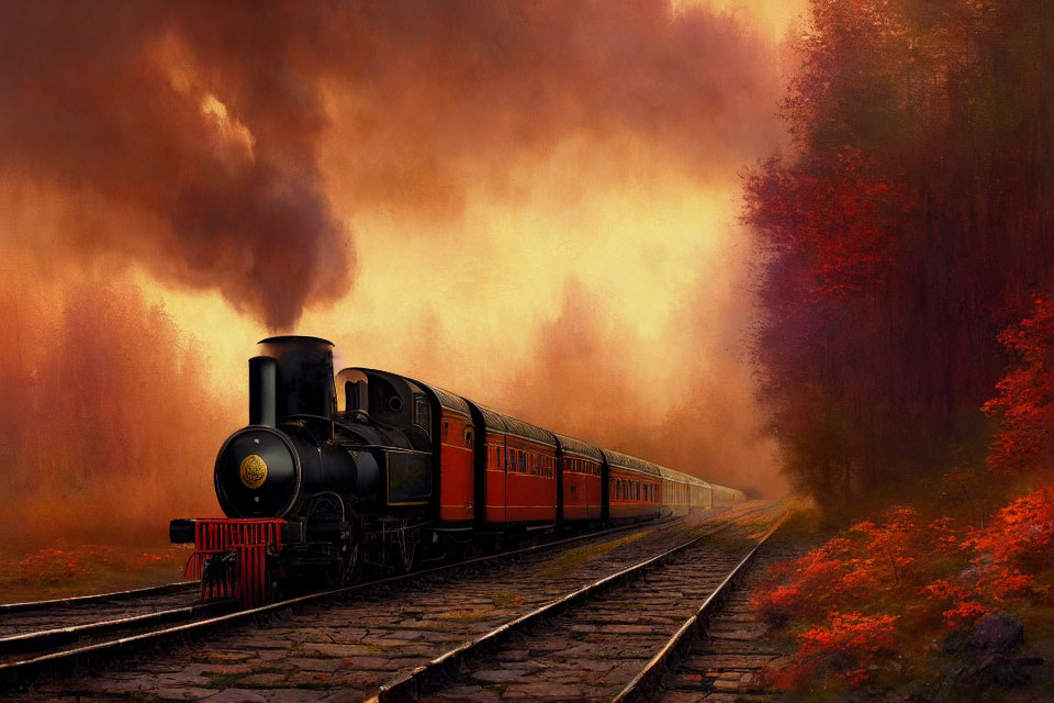 Vintage steam locomotive pulling orange passenger cars through autumn landscape with fiery-hued trees and dramatic sky.