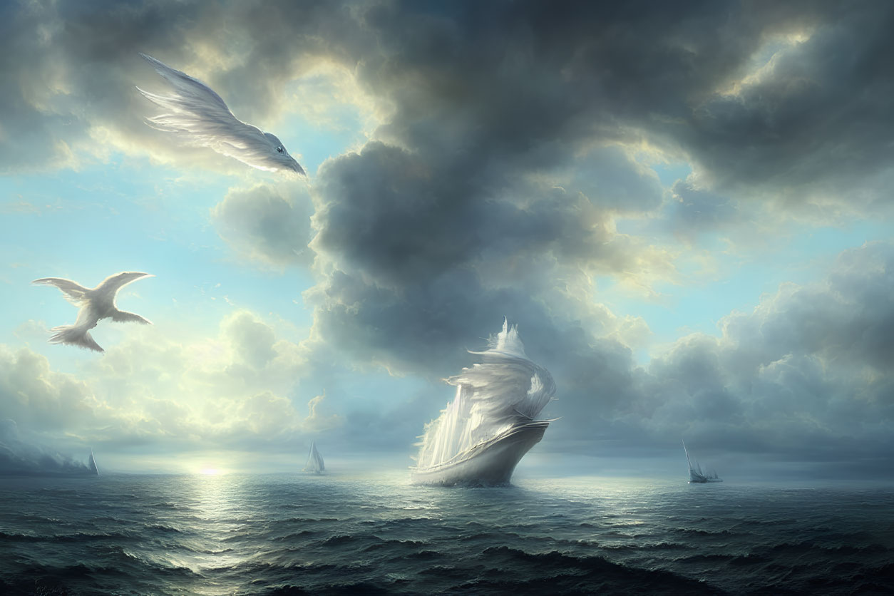 Majestic ship with swan-like sails in serene seascape