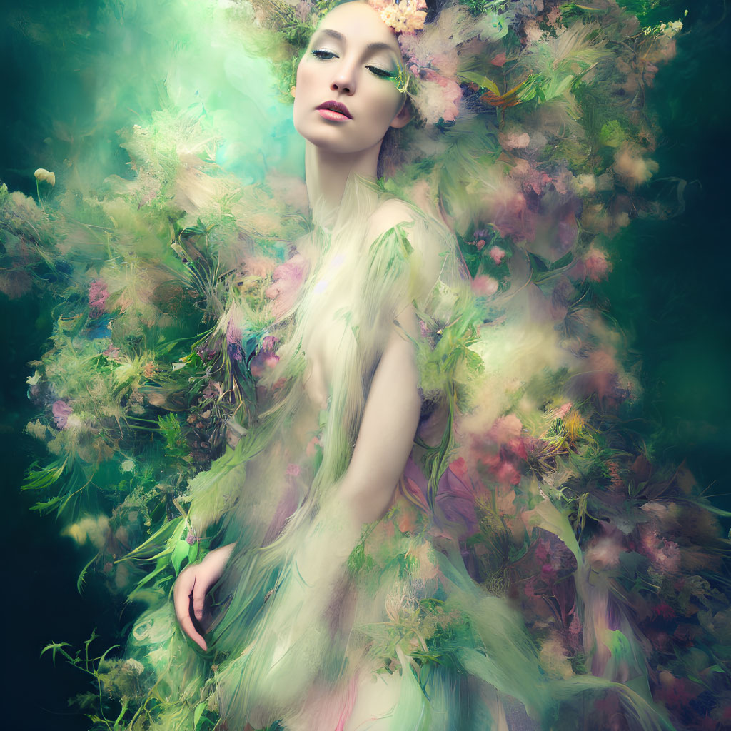 Woman surrounded by vibrant flowers and foliage: A dreamlike fusion of nature and beauty