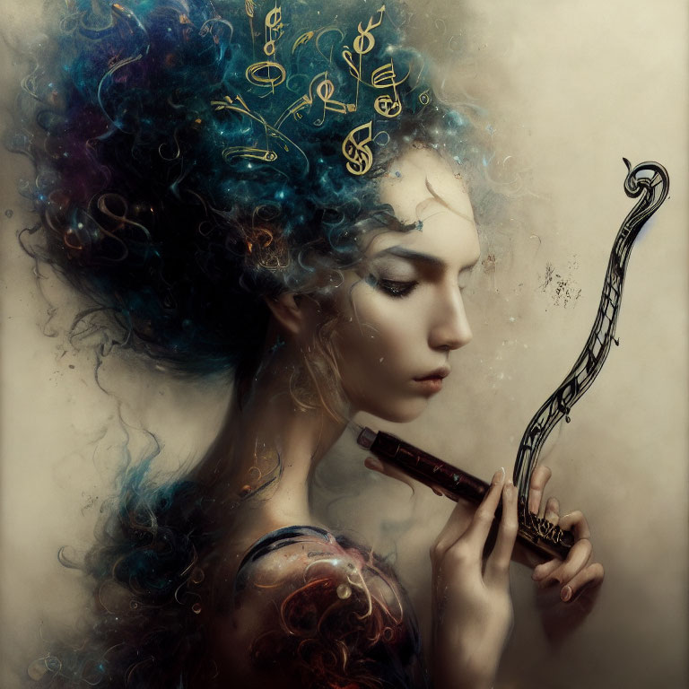 Artistic depiction of woman playing flute with musical hair swirls.