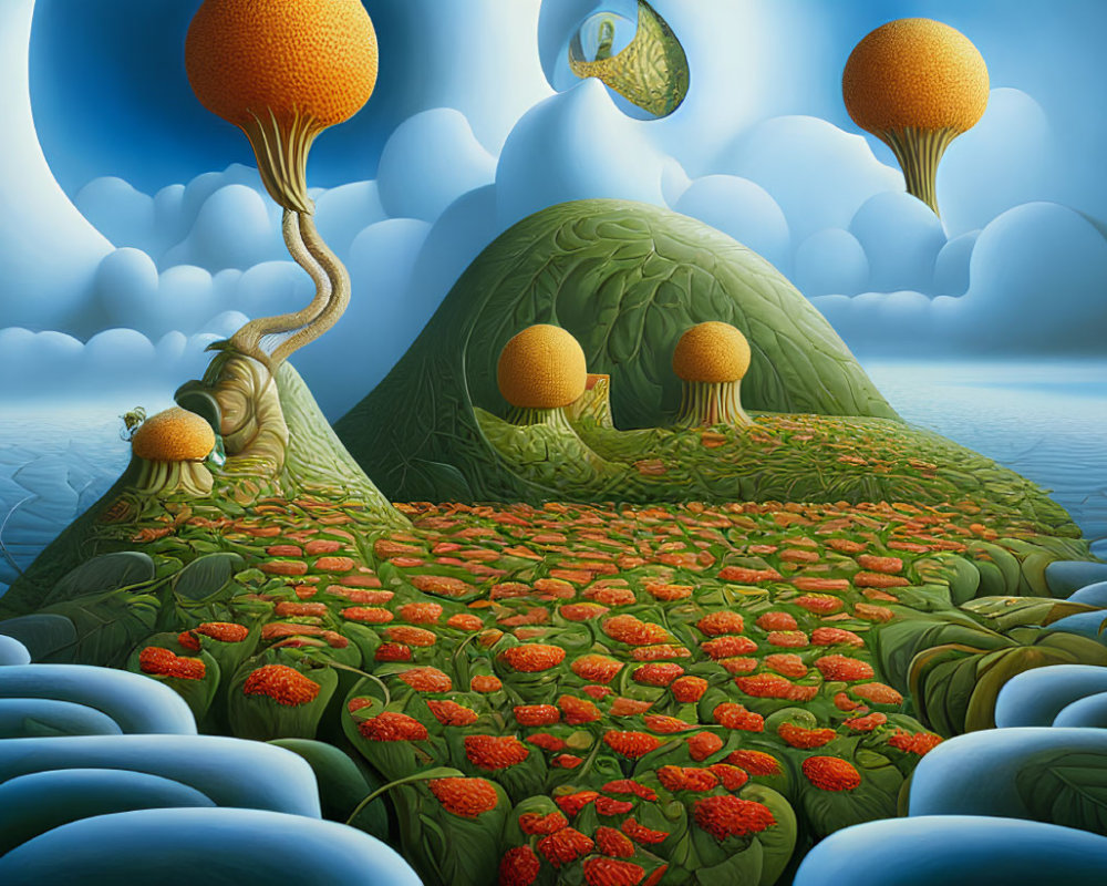 Surreal landscape featuring rolling hills, citrus-like fruits, red flowers, reflective water, and floating