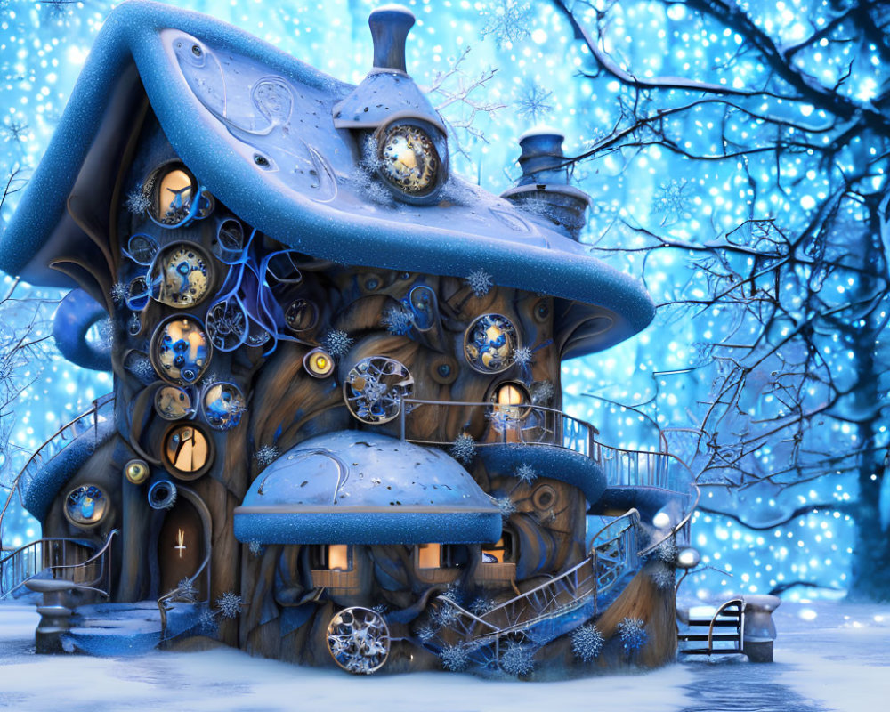 Fantasy winter treehouse with glowing windows and ornate gears