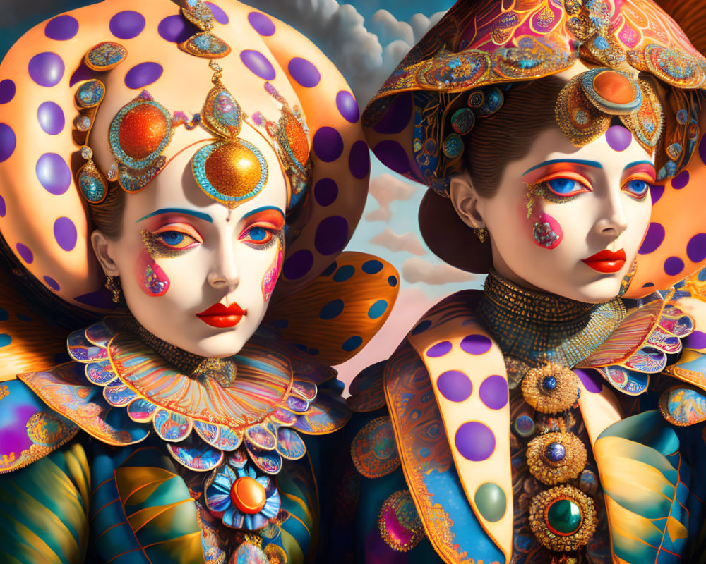 Elaborately adorned surreal figures with gemstone-encrusted headpieces and colorful costumes on cloudy