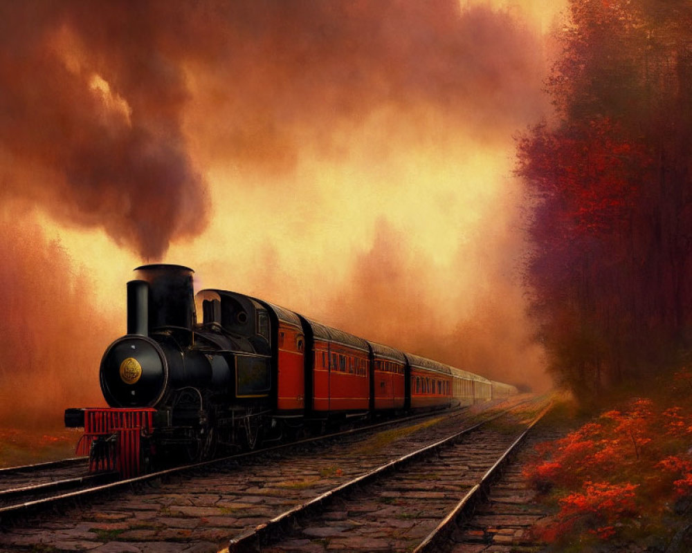 Vintage steam locomotive pulling orange passenger cars through autumn landscape with fiery-hued trees and dramatic sky.