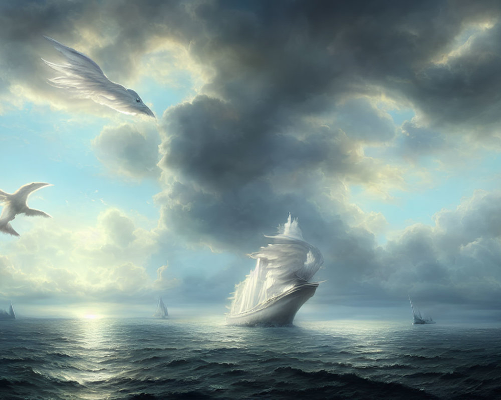 Majestic ship with swan-like sails in serene seascape