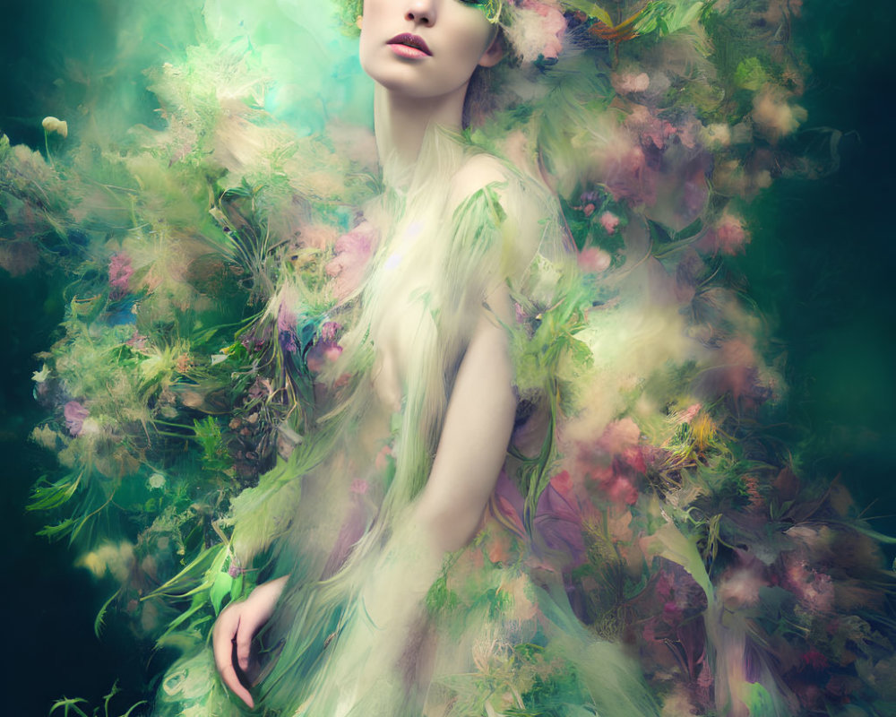 Woman surrounded by vibrant flowers and foliage: A dreamlike fusion of nature and beauty