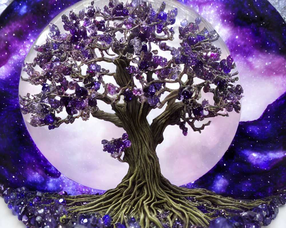 Amethyst Crystal Tree on Purple Cosmic Background