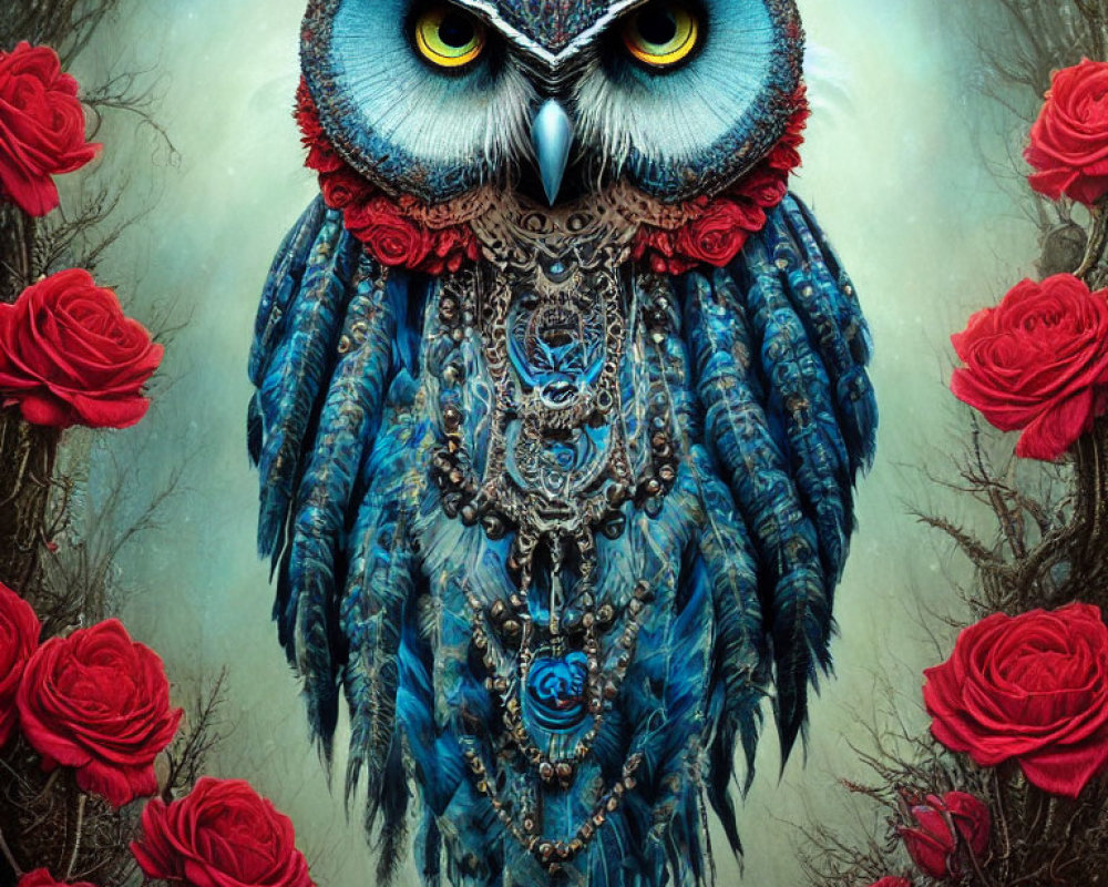 Detailed artwork: Owl with blue feathers, yellow eyes, metallic ornaments, and red roses.