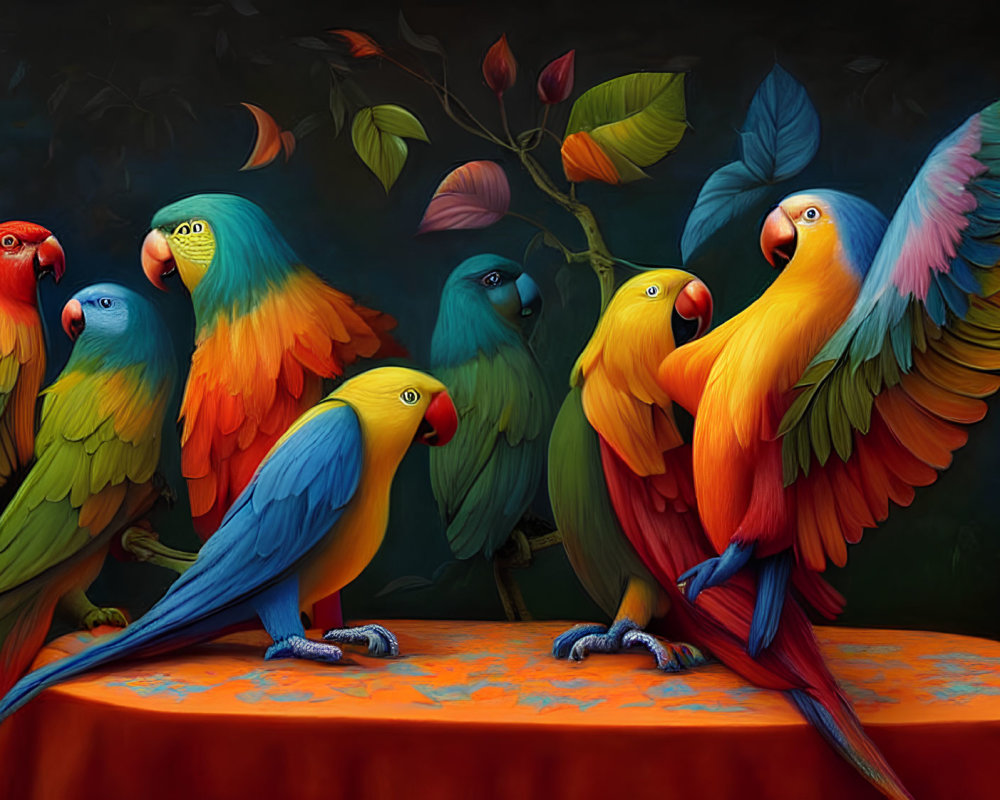 Colorful Parrots Perched on Branch Against Dark Background