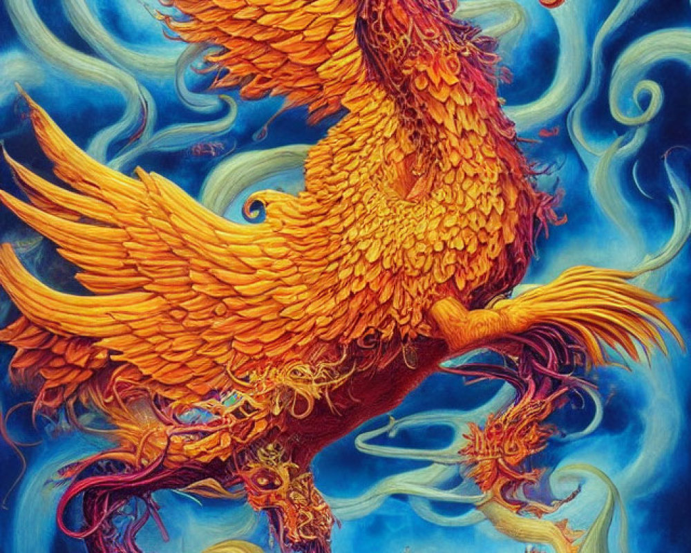 Colorful Phoenix in Dynamic Pose with Swirling Patterns