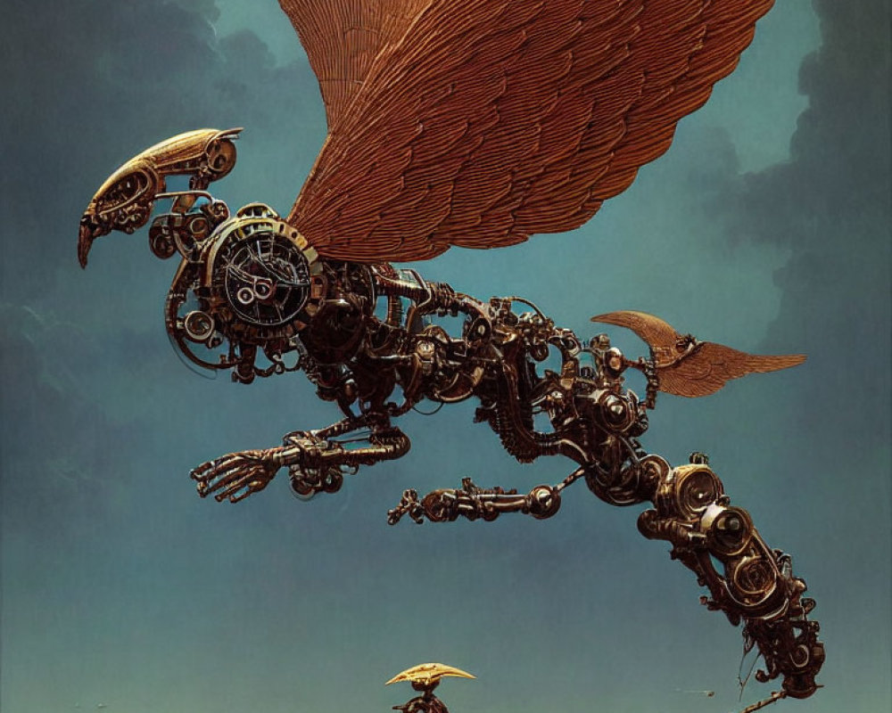 Mechanical bird with gears and wings hovers over person with umbrella in steampunk cityscape