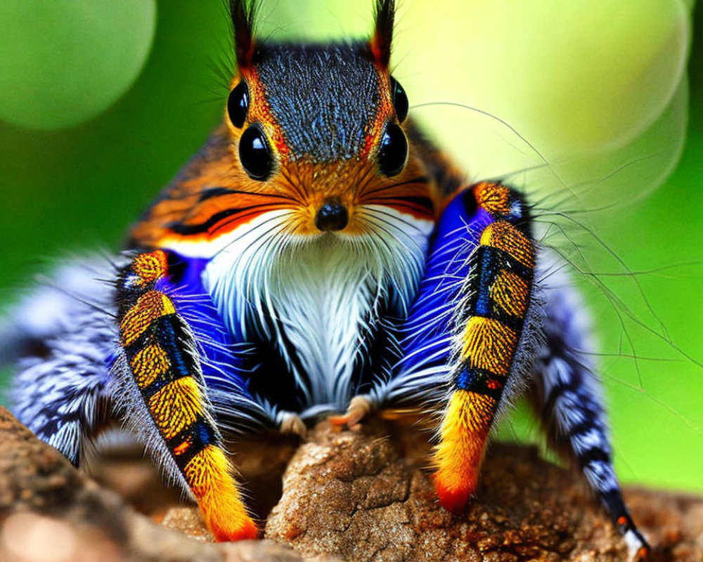 Colorful Spider with Orange, Blue, and Black Patterns on Tree Bark