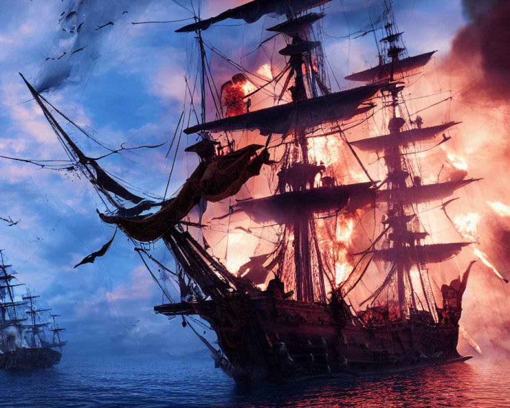 Historic tall ships in fiery sea battle at sunset