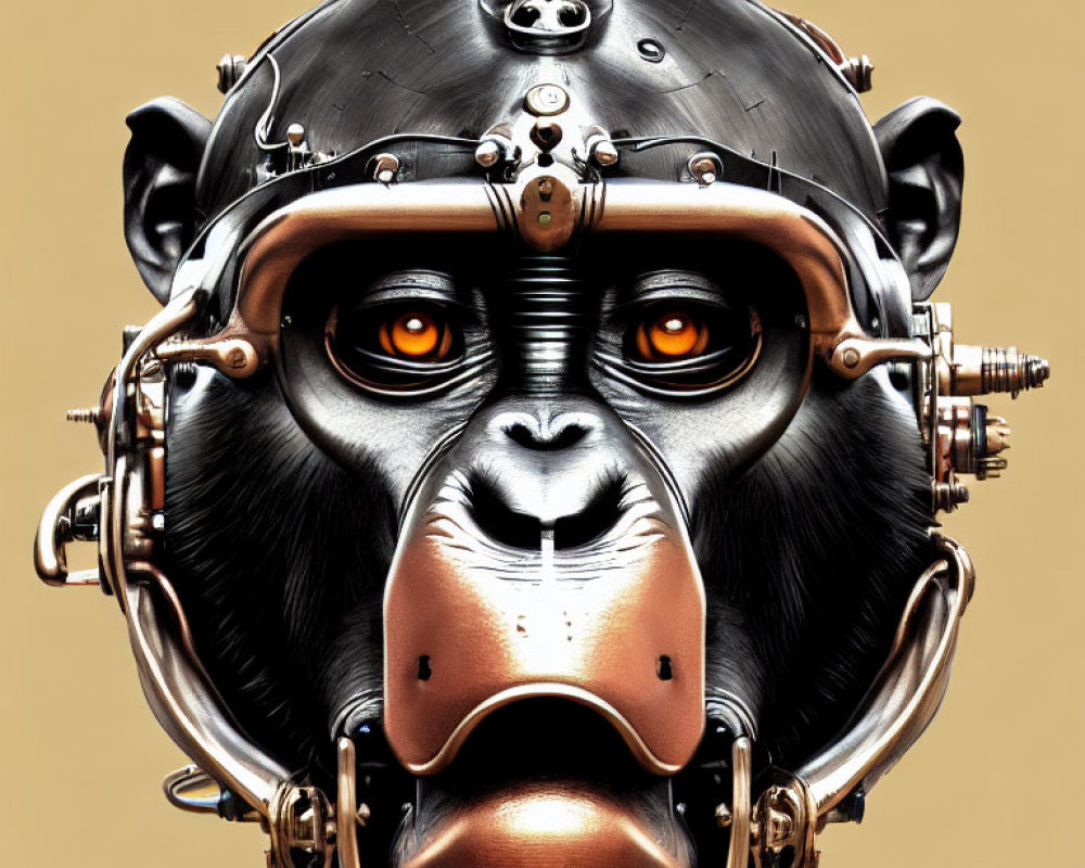 Gorilla digital artwork with cybernetic headgear and orange eyes