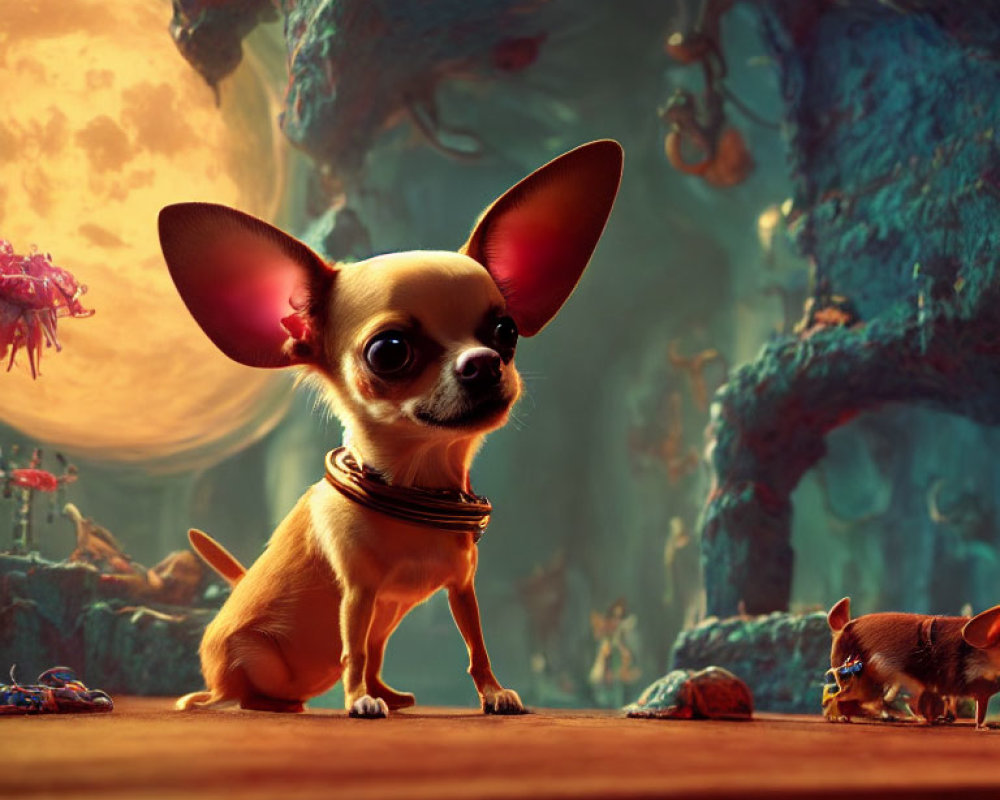 Chihuahuas on rocky terrain under large moon in fantastical setting