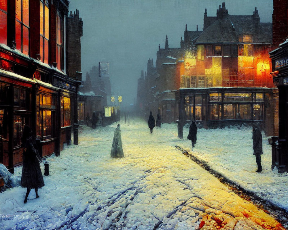 Snowy evening street scene with vintage buildings, tram, and pedestrians.