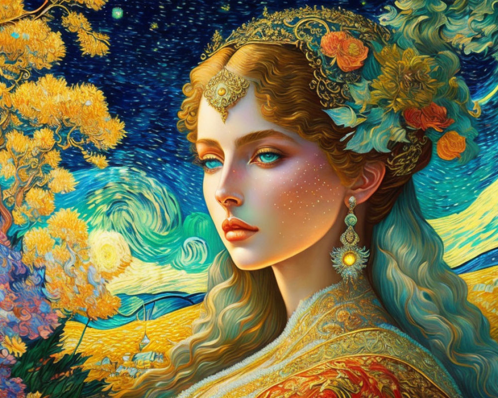 Illustration: Woman with golden hair and flowers under starry sky and Van Gogh-style yellow trees