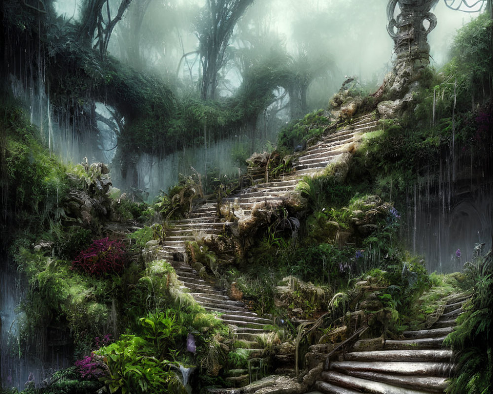 Moss-covered staircase in mystical forest with vibrant flora