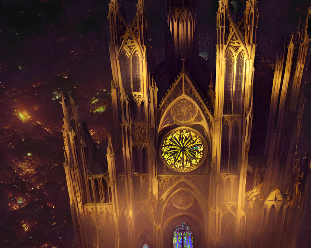 Gothic cathedral with illuminated windows in cosmic backdrop