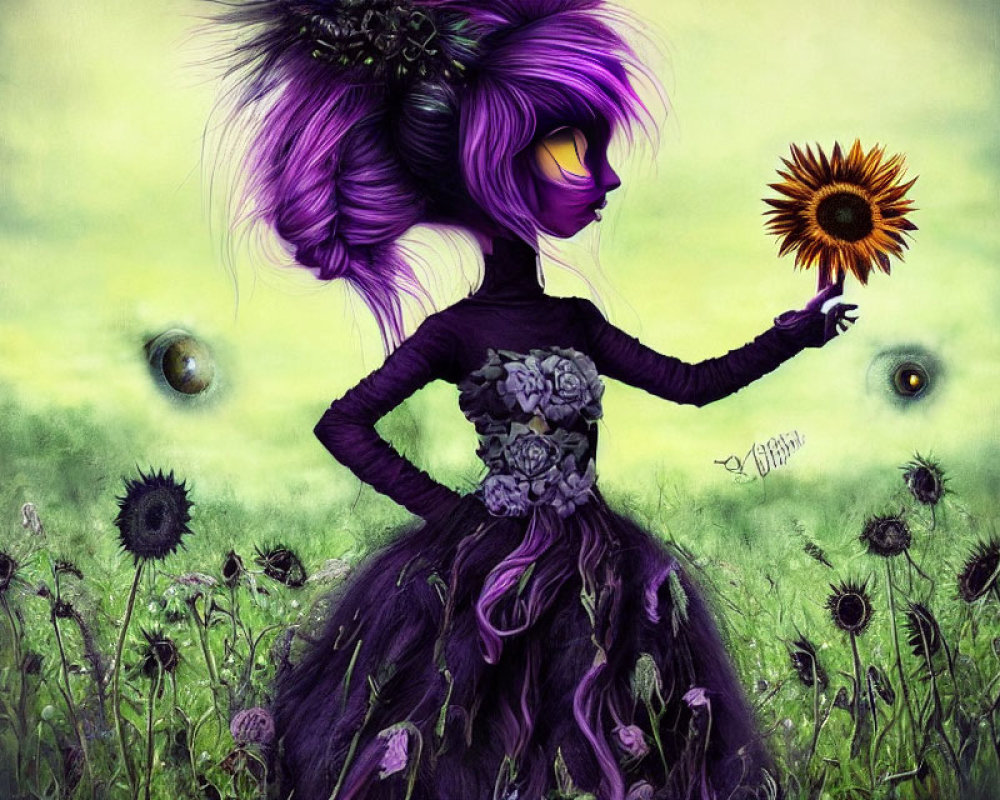 Whimsical character with purple skin and hair holding a sunflower in a green field