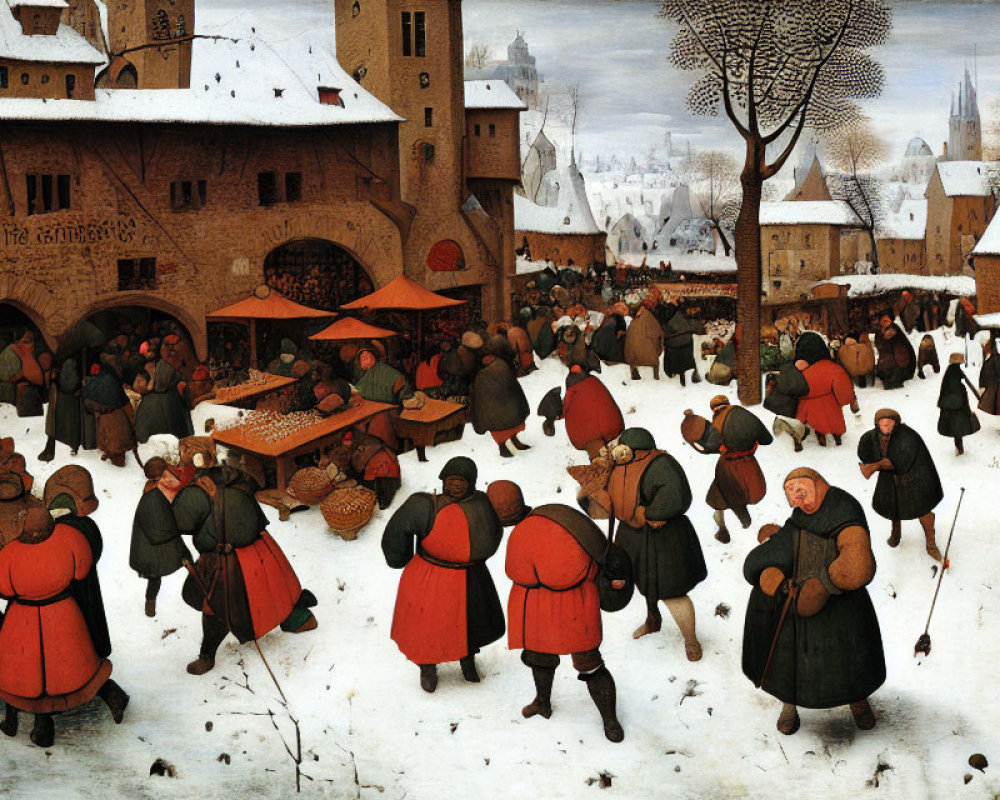 Vibrant winter village square with townsfolk in colorful garments